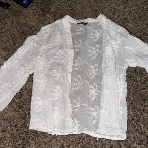 Sheer thin white floral embossed button up